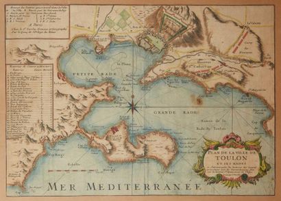 null Carte ancienne aquarellée représentant le plan de la ville de Toulon et ses...