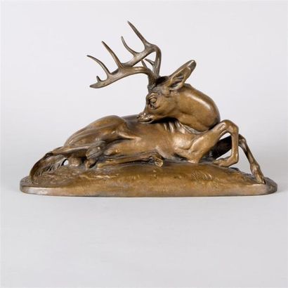 Antoine Louis Barye (1796-1875) Cerf de Virginie, couché
Bronze à patine brune. Signé...