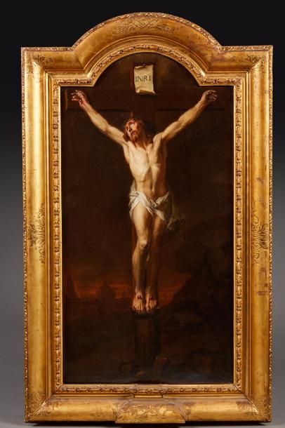 ÉCOLE FRANÇAISE de la fin du XVIIe siècle Crucifixion
Huile sur toile cintrée dans...