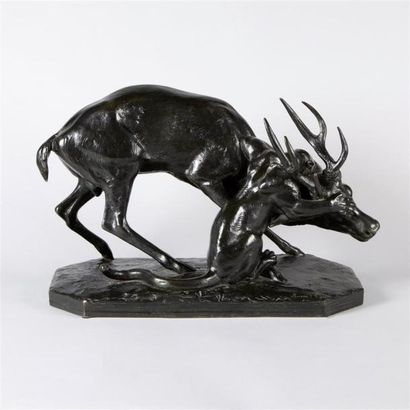 Antoine Louis Barye (1796-1875) Panthère saisissant un cerf
Bronze à patine brune,...