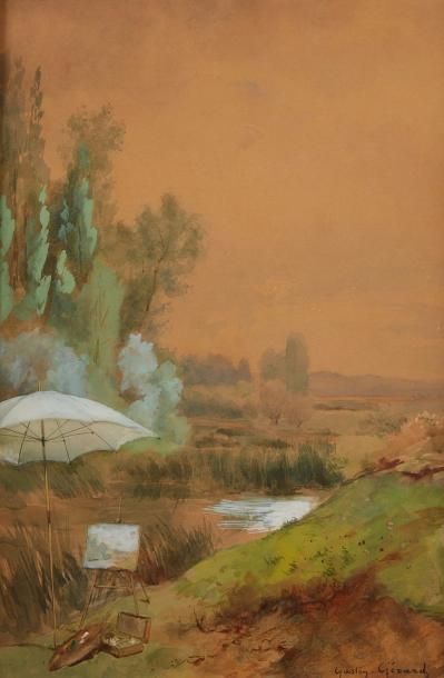 Gaston GERARG (1859 - ?) Peintre à son chevalet en bord de rivière
Dessin aquarellé,...
