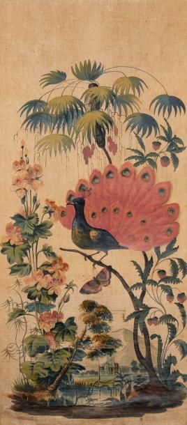 École Française du XIXe siècle Deux toiles peintes à décor d'oiseaux et plantes exotiques...