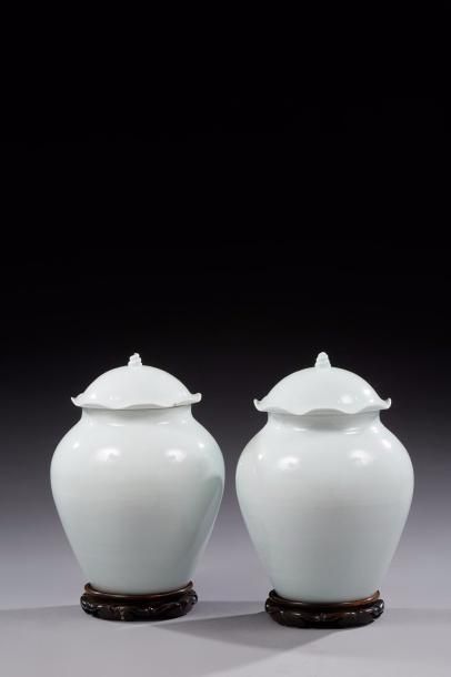 null Paire de vases couverts en céramique de la Chine à glaçure crème, couvercle...