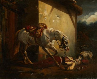École Française du XIXe siècle Cheval et chien près d'un cavalier mort ou la Fidélité
Huile...