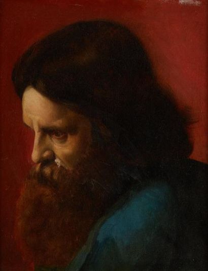 École Française du XIXe siècle Buste d'homme barbu de profil sur fond rouge
Huile...