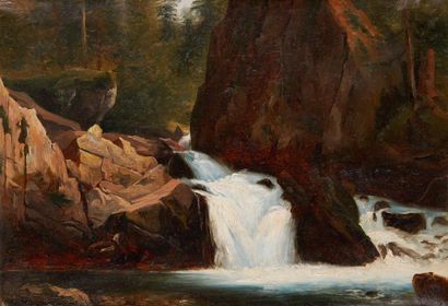 Léon Auguste MELLE (1816-1889) Cascade dans la montagne
Huile sur papier
32 x 45...