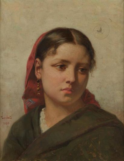 ECOLE LYONNAISE Portrait de jeune fille au foulard rouge
Huile sur toile signée en...