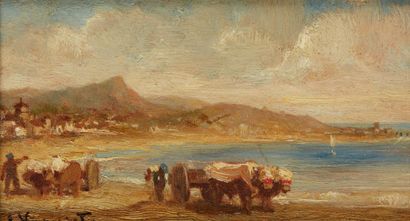 Jules Jacques VEYRASSAT (1828-1893) Boeufs du Pays basque sur la plage à Saint Jean...
