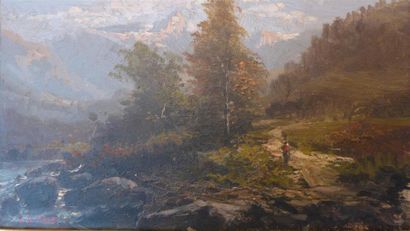 Carlos DE HAES (1826-1898) Paysage de montagne
Huile sur panneau, signé en bas à...