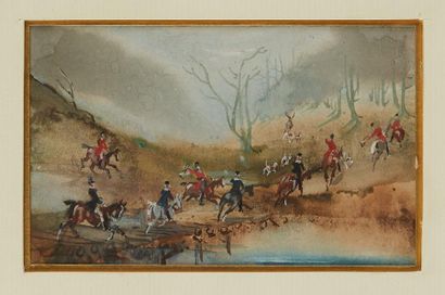 Baron Jules FINOT (1826-1906) Scène de chasse à courre
Aquarelle sur carte de visite...