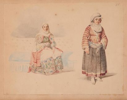 École Française du XIXe siècle Deux femmes orientales Aquarelle, porte un numéro...