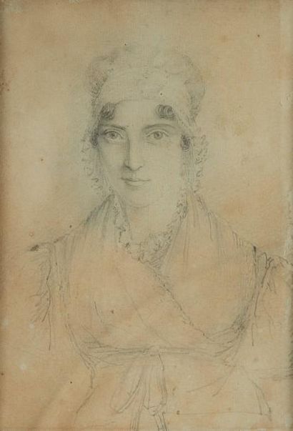 École Française du XIXe siècle Portrait de jeune fille en buste au bonnet de dentelles...
