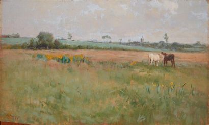 William Heath WILSON (1849-1927) Chevaux dans une prairie
Huile sur panneau, monogrammé...