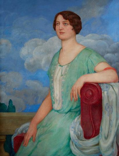 Maurice BERGES (XIX-XX) Portrait de Mme Yvonne Vézien
Huile sur toile, signée, située...