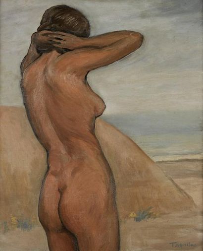 Miguel TUSQUELLAS (1884-1969) Nu sur la plage
Huile sur toile signée en bas à droite,...