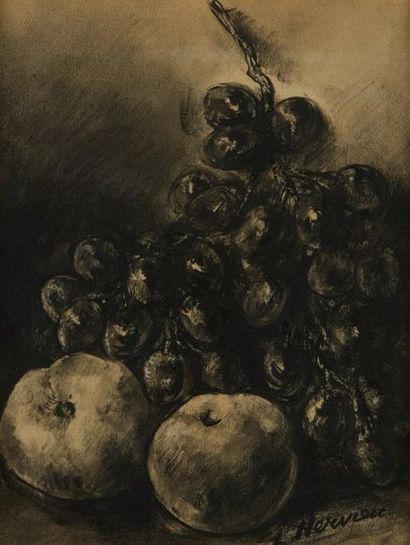 Louise Jeanne Aimée HERVIEU (1878-1954) Nature morte aux pêches et raisins
Fusain,...