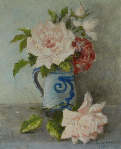 École FRANÇAISE du XXe siècle Bouquet de roses
Huile sur panneau, signé L.Chavoit...