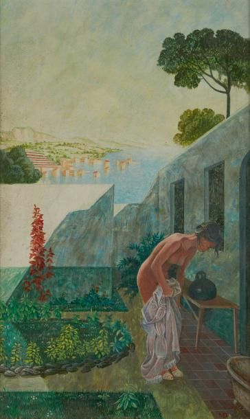 Marc DESARME (1943) Femme se deshabillant dans un jardin
Huile sur panneau, monogrammé...