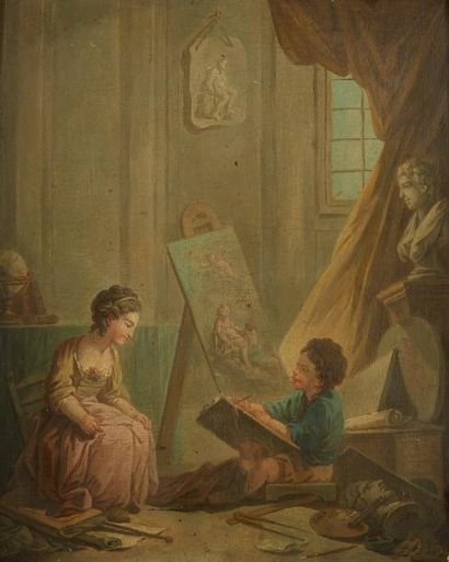 École FRANÇAISE du XVIIIe siècle L'intérieur d'un atelier
Huile sur toile.
41 x 33...