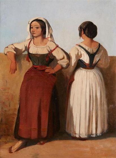 ÉCOLE FRANÇAISE VERS 1820 Deux italiennes
Huile sur papier marouflé sur toile.
38...