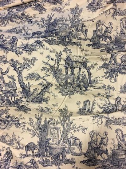 null Une nappe circulaire en toile de Jouy imprimée en bleu de scènes pastorales....