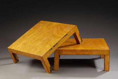 null Paire de tables basses carrées en bois en placage de coquilles d'oeuf (usures...