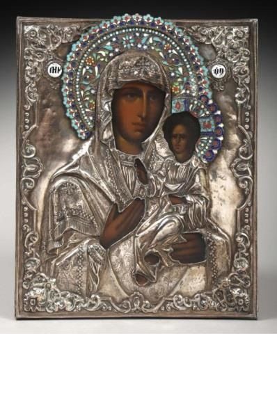 null Grande icone de mariage représentant la Vierge de Kazan peinte sur bois. Riza...