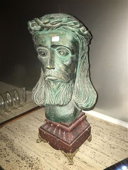 null Tête de Christ en bois de style Roman marbre et pied en bronze