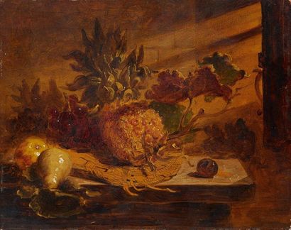 null George LANCE (1802-1864)

Nature morte à l'ananas et aux poires

Huile sur panneau.

20...