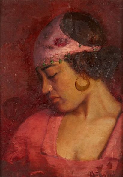 Ecole orientaliste du début du XXe siècle Portrait d'une orientale à la robe rose
Huile...
