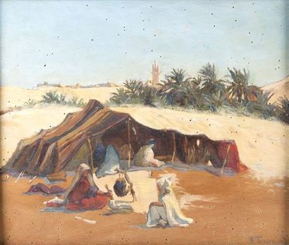 Renée TOURNIOL (1876-1953) Campement près d'une oasis
Huile sur panneau, signée en...