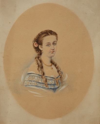 École Française du XIXe siècle Portrait de femme aux boucles Crayon et aquarelle...