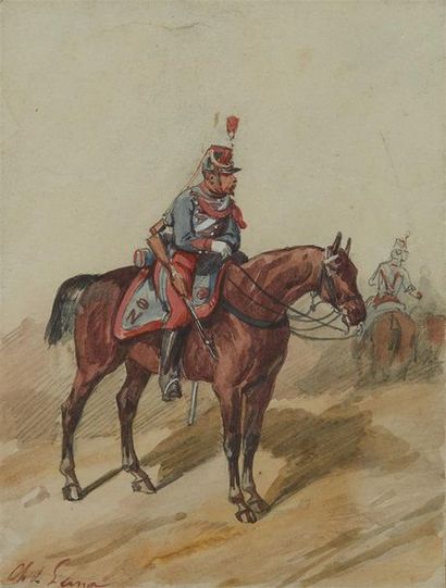 Charles DE LUNA (1812-?) Dragon à cheval, second Empire Aquarelle, signée en bas...