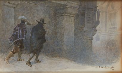Julien LE BLANT (1851-1936) Les mousquetaires à l'entrée d'une église Aquarelle,...