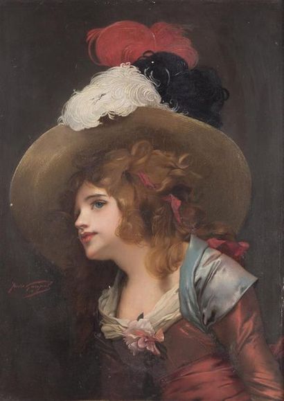 Jules Adolphe GOUPIL (1839-1883) Portrait de jeune femme au chapeau à plumes
Huile...