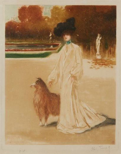Louis ABEL-TRUCHET (1857-1918) Elégante au colley dans le parc de Versailles Eau...