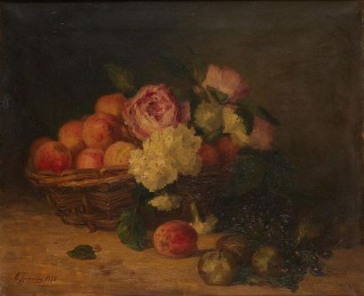 Marguerite JACQUELIN (XIX-XXe siècle) Nature morte au panier d'abricots et fleurs
Huile...