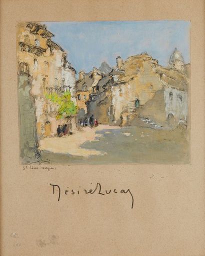 Louis Marie DESIRE-LUCAS (1869-1949) Place animée à St Côme (Aveyron) Crayon et gouache,...