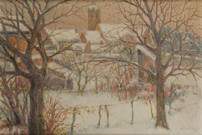 Fernand DUROZE (1876-1961) Village sous la neige
Huile sur panneau, signée en bas...