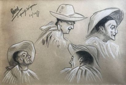 Jules CHÉRET (1836-1932) Etude de clowns Fusain et pierre blanche, signé en haut...