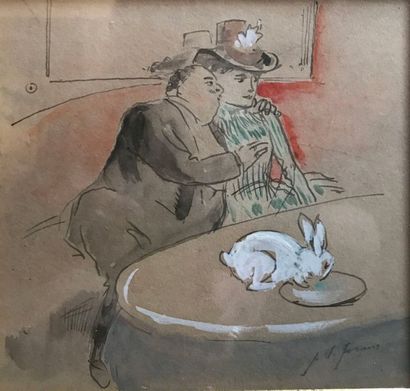 Attribué à Jean-Louis FORAIN Couple au lapin Plume et aquarelle, porte une signature...