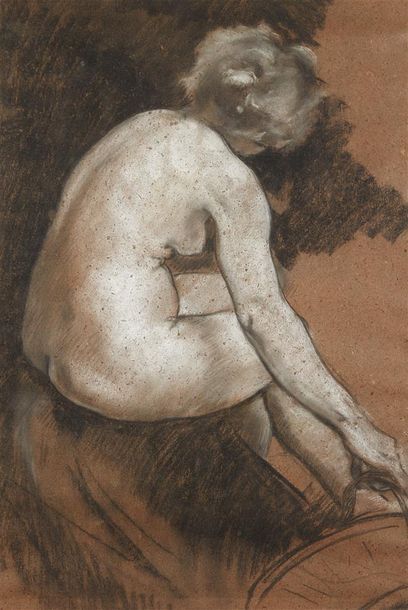 Alfred ROLL (1846-1919) Femme nue de dos Fusain et craie blanche sur papier. 58 x...