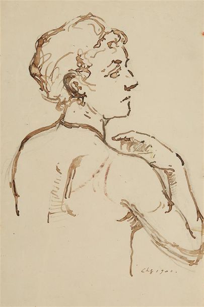 Eugène CHIGOT (1860-1923) Etude de femme de dos Encre monogrammée en bas à droite...