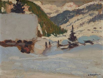 Alfred SWIEYKOWSKI (1869-1953) Chalet à la Clusaz Haute Savoie
Huile sur panneau,...