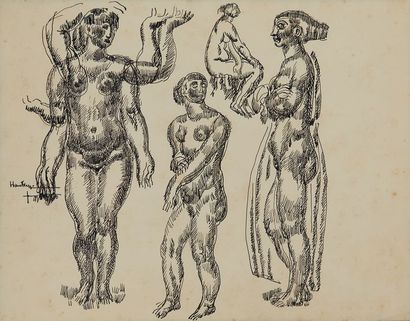 Marcel LENOIR (1872-1931) Etude quatre nus Encre sur papier. 20,5 x 26,5