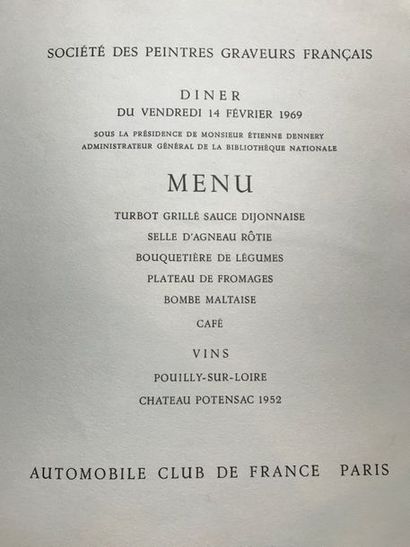 null Menu du diner du vendredi 14 février 1969 pour la Société des Peintres et Graveurs...