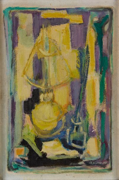 Pierre HAVRET (1913-?) Composition cubiste à la lampe et plumier
Huile sur carton...