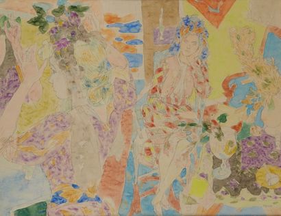 Raymond LEGUEULT (1878-1971) Femmes dans un intérieur Aquarelle, signée en bas à...