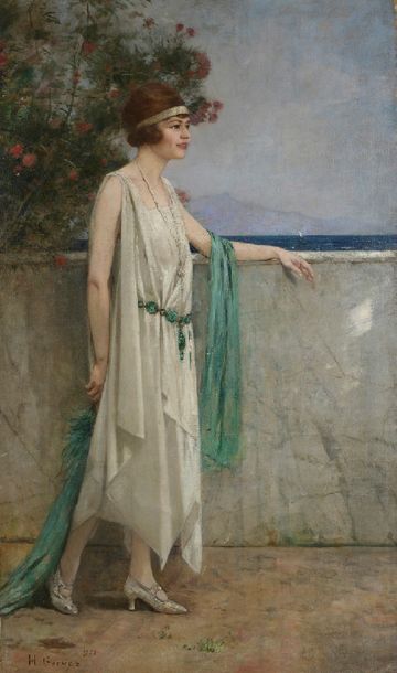Henri GERVEX (1852-1929) Elégante en robe blanche
Huile sur toile, signée et datée...