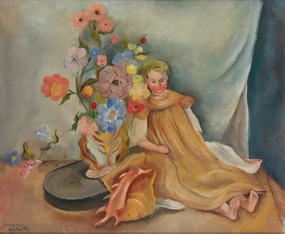 Jascques LESTRILLE (1904-1985) Poupée, fleurs et coquillage
Huile sur toile signée...